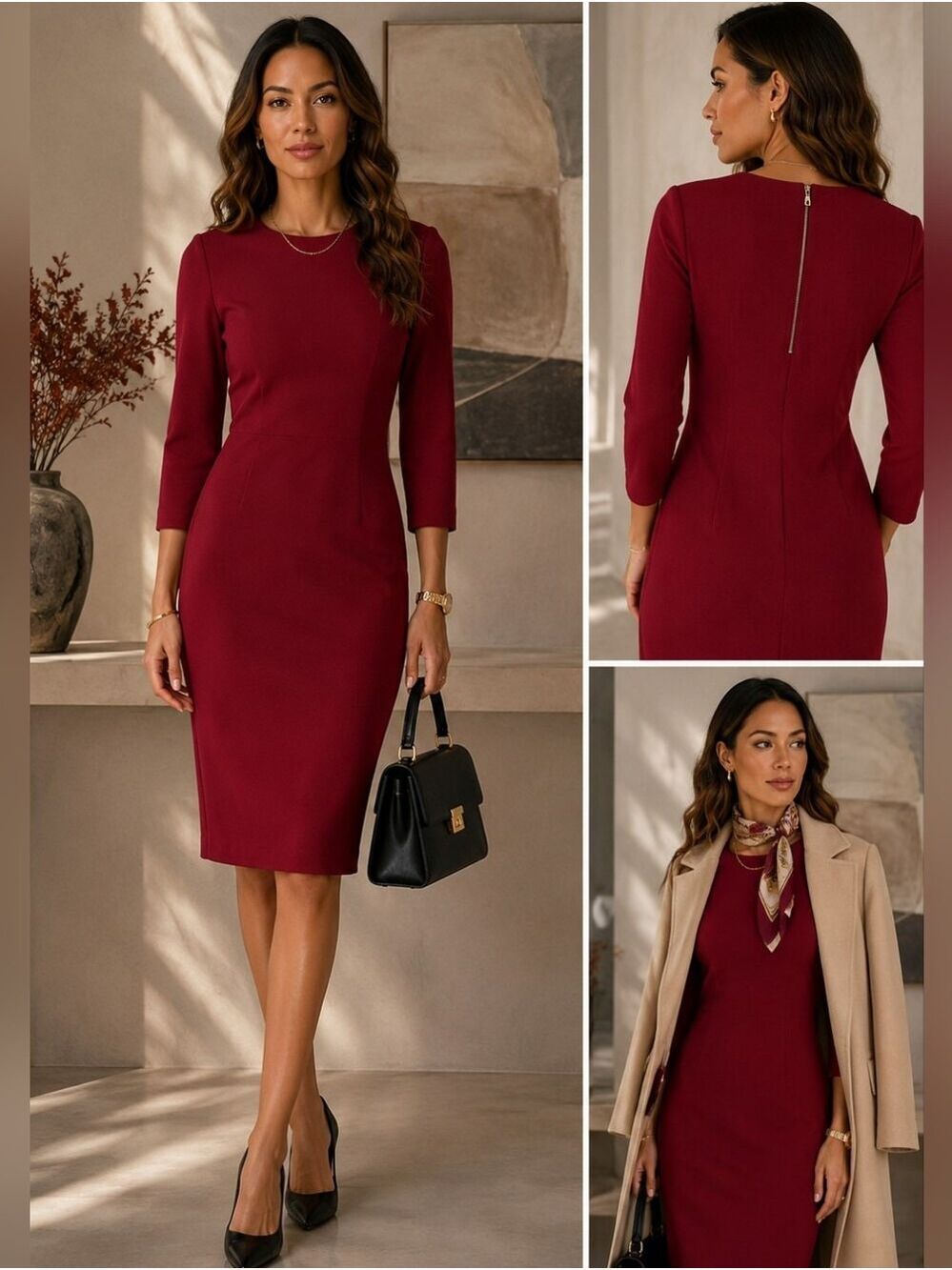 VINCE CRIMSON RED PONTE SHEATH 3/4 SLEEVE DRESS MINIMALIST KNEE LENGTH SMALL